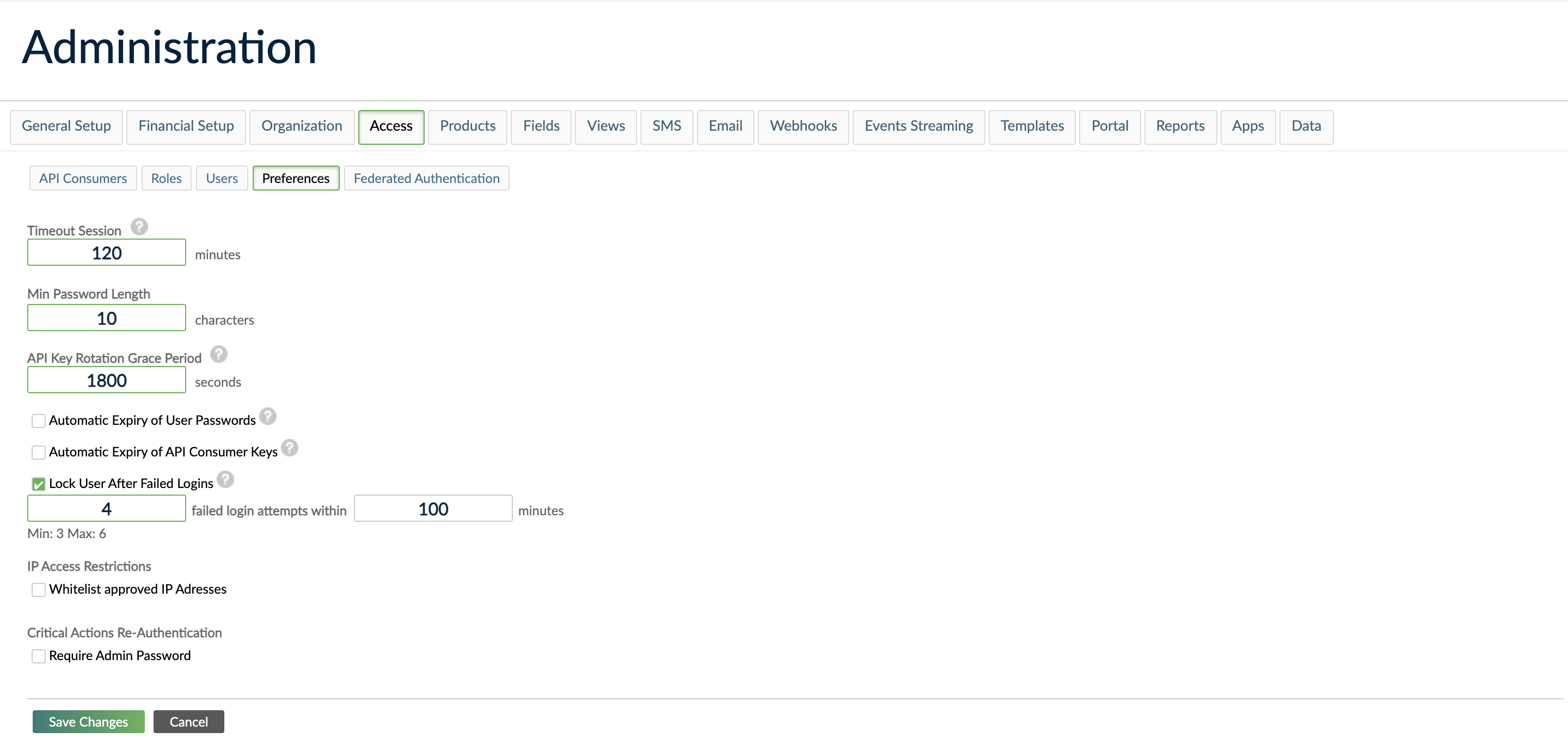 Access preferences with API Key Rotation Grace Period and Automatic Expiry of API consumer key fields available.